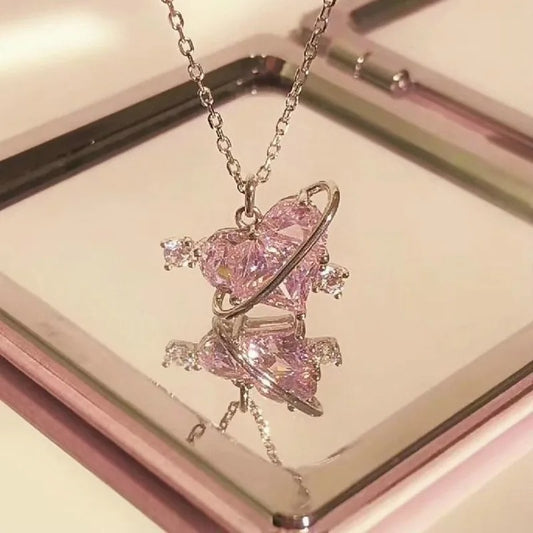 Heart Pendant Pink Crystal Necklace For Women Girl Elegant and Sweet Punk Party Jewelry Clavicle Chain