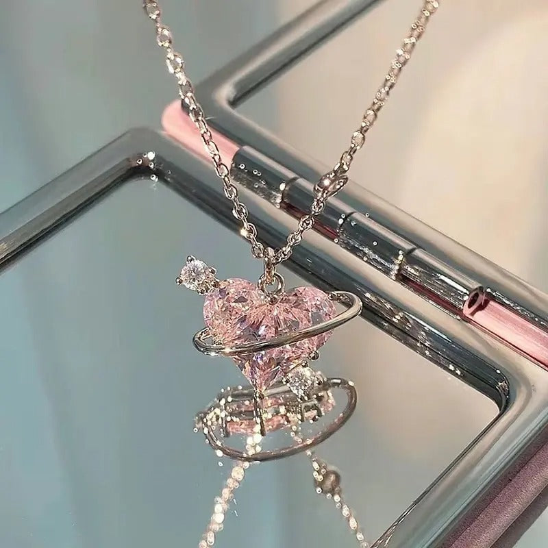 Heart Pendant Pink Crystal Necklace For Women Girl Elegant and Sweet Punk Party Jewelry Clavicle Chain