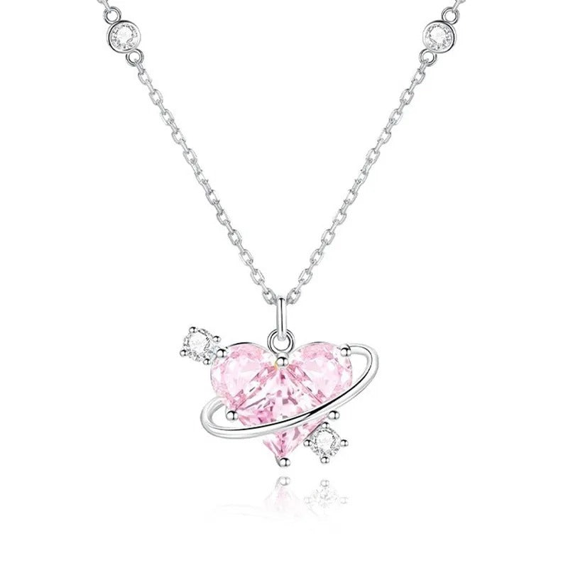 Heart Pendant Pink Crystal Necklace For Women Girl Elegant and Sweet Punk Party Jewelry Clavicle Chain