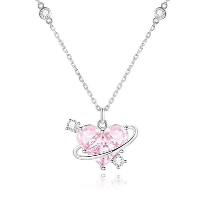 Heart Pendant Pink Crystal Necklace For Women Girl Elegant and Sweet Punk Party Jewelry Clavicle Chain
