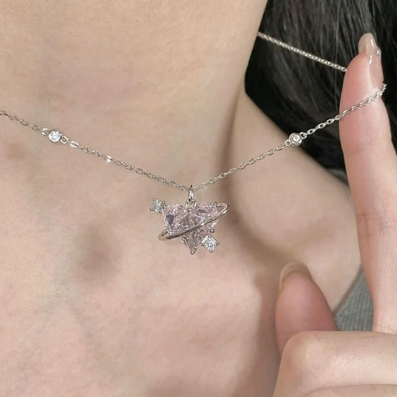 Heart Pendant Pink Crystal Necklace For Women Girl Elegant and Sweet Punk Party Jewelry Clavicle Chain