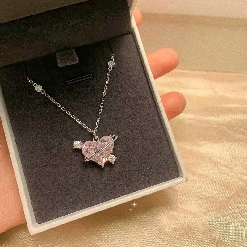 Heart Pendant Pink Crystal Necklace For Women Girl Elegant and Sweet Punk Party Jewelry Clavicle Chain