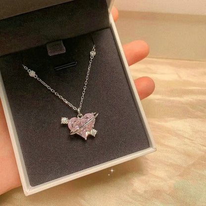 Heart Pendant Pink Crystal Necklace For Women Girl Elegant and Sweet Punk Party Jewelry Clavicle Chain