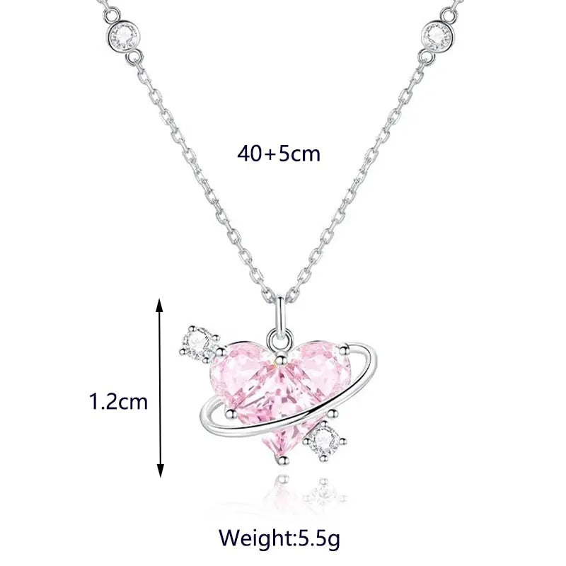 Heart Pendant Pink Crystal Necklace For Women Girl Elegant and Sweet Punk Party Jewelry Clavicle Chain