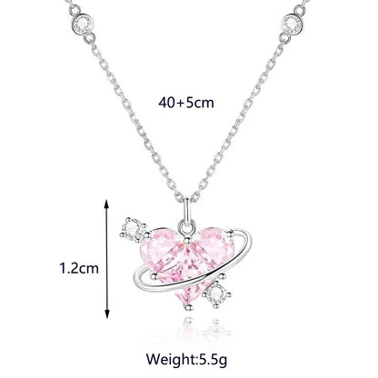 Heart Pendant Pink Crystal Necklace For Women Girl Elegant and Sweet Punk Party Jewelry Clavicle Chain