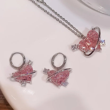 Heart Pendant Pink Crystal Necklace For Women Girl Elegant and Sweet Punk Party Jewelry Clavicle Chain