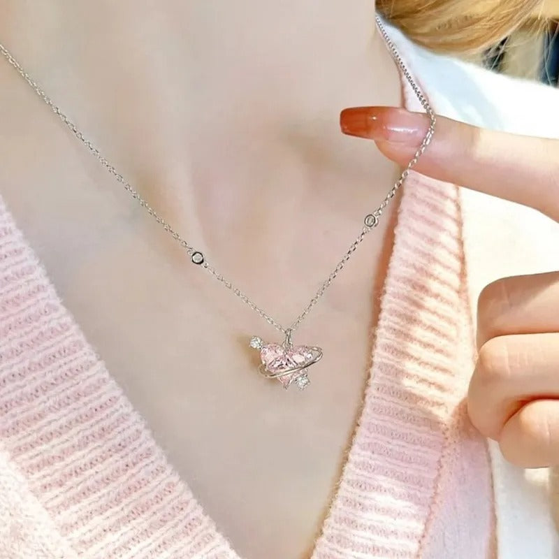 Heart Pendant Pink Crystal Necklace For Women Girl Elegant and Sweet Punk Party Jewelry Clavicle Chain