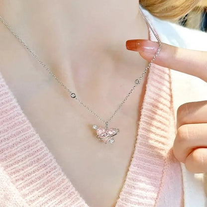 Heart Pendant Pink Crystal Necklace For Women Girl Elegant and Sweet Punk Party Jewelry Clavicle Chain