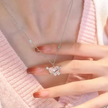 Heart Pendant Pink Crystal Necklace For Women Girl Elegant and Sweet Punk Party Jewelry Clavicle Chain