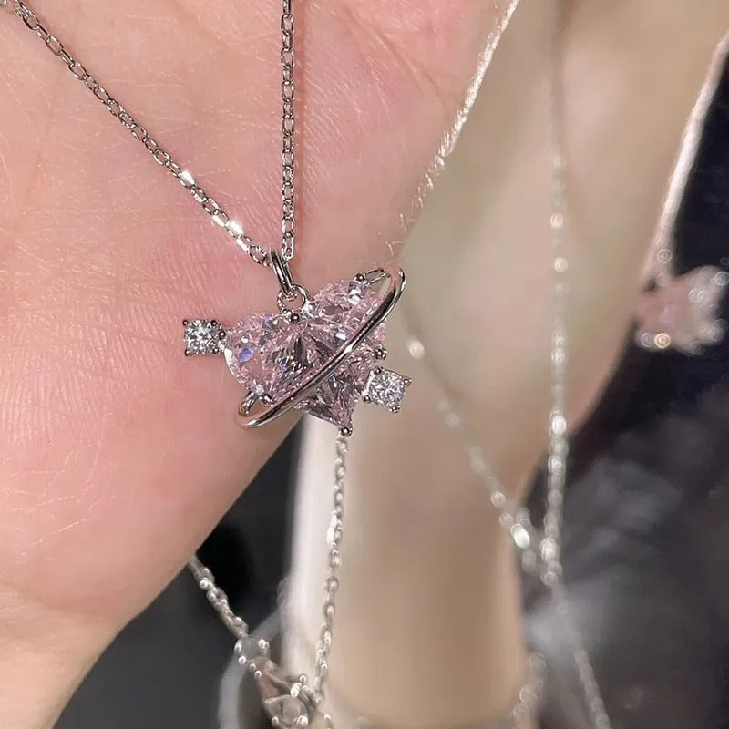 Heart Pendant Pink Crystal Necklace For Women Girl Elegant and Sweet Punk Party Jewelry Clavicle Chain