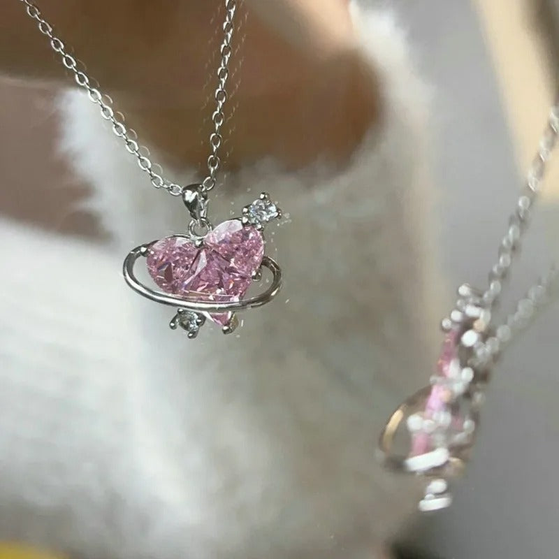 Heart Pendant Pink Crystal Necklace For Women Girl Elegant and Sweet Punk Party Jewelry Clavicle Chain