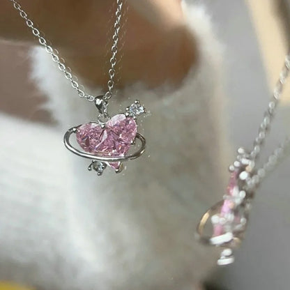Heart Pendant Pink Crystal Necklace For Women Girl Elegant and Sweet Punk Party Jewelry Clavicle Chain
